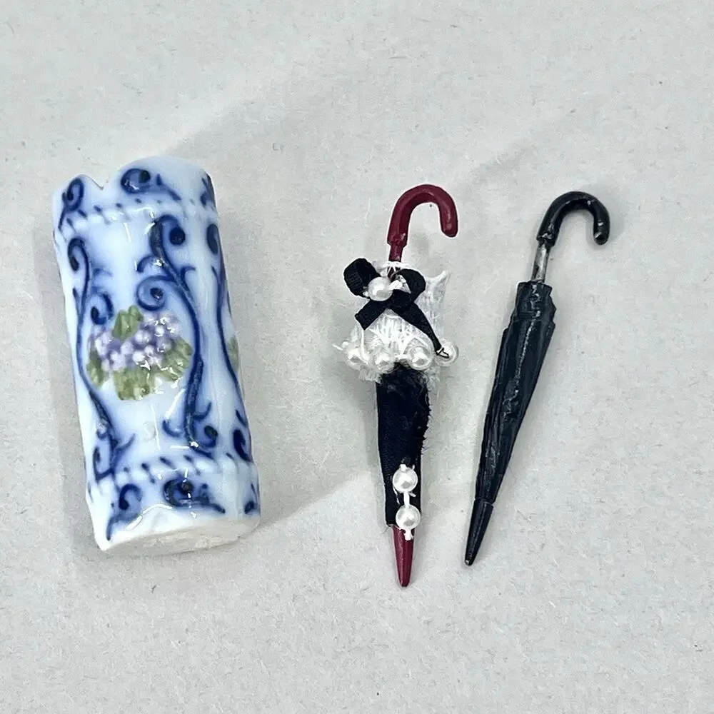 Vintage Ceramic Umbrella Holder with 2 Umbrellas Dollhouse Miniature 1:12